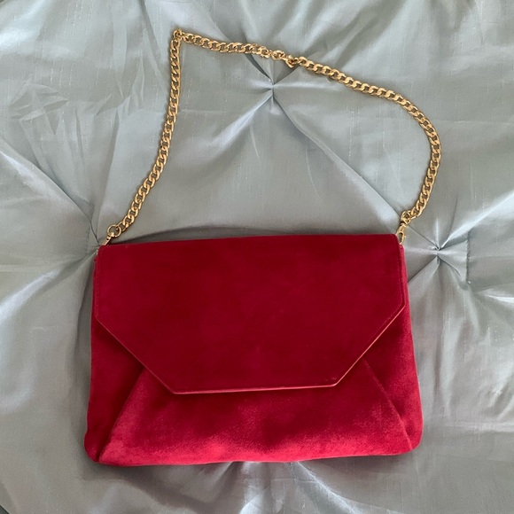 Ann Taylor Handbags - Ann Taylor red suede over the shoulder gold chain purse
